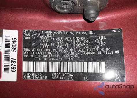 2011 Toyota Sienna Le V6 z USA, uszkodzony, nr VIN 5TDKK3DC3BS074473